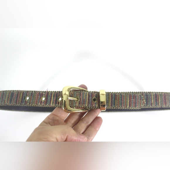 80’s Vintage Fabric Belt with Gold Buckle, Beaded Brass Edge Large L Eighties - Picture 5 of 8